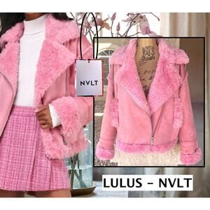 NVLT Lulus Cozy Allover Pink Vegan Leather Shearling Trim Moto Jacket Size XL